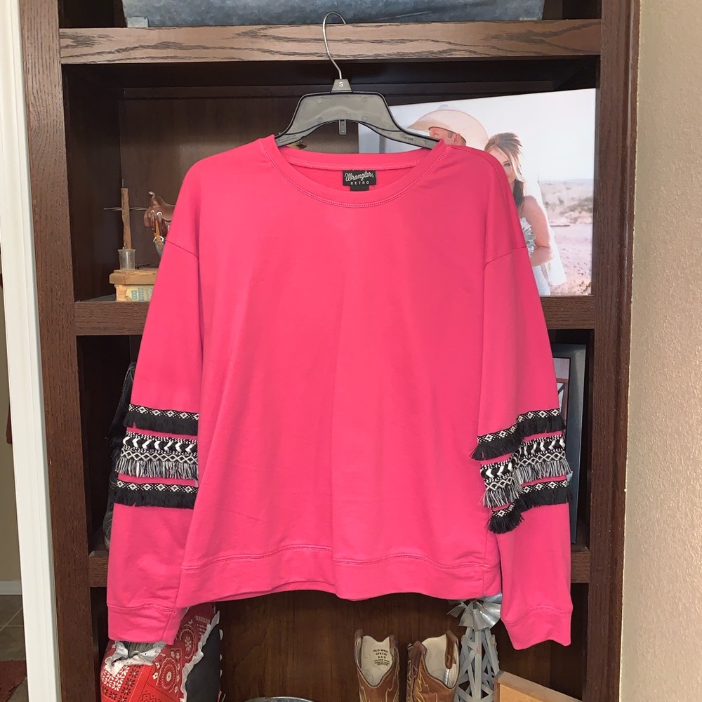 Pink Wrangler Sweatshirt with Fringe Sleeve Detail